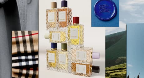 Osam bočica Burberry Prorsum sa urezanom karo šarom, uz tkaninu i pečat sa konjanikom